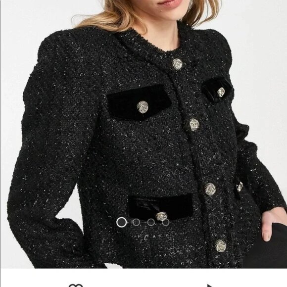 River Island Black Button Front Tweed Boucle Blazer Jacket Size 12 - Picture 4 of 7